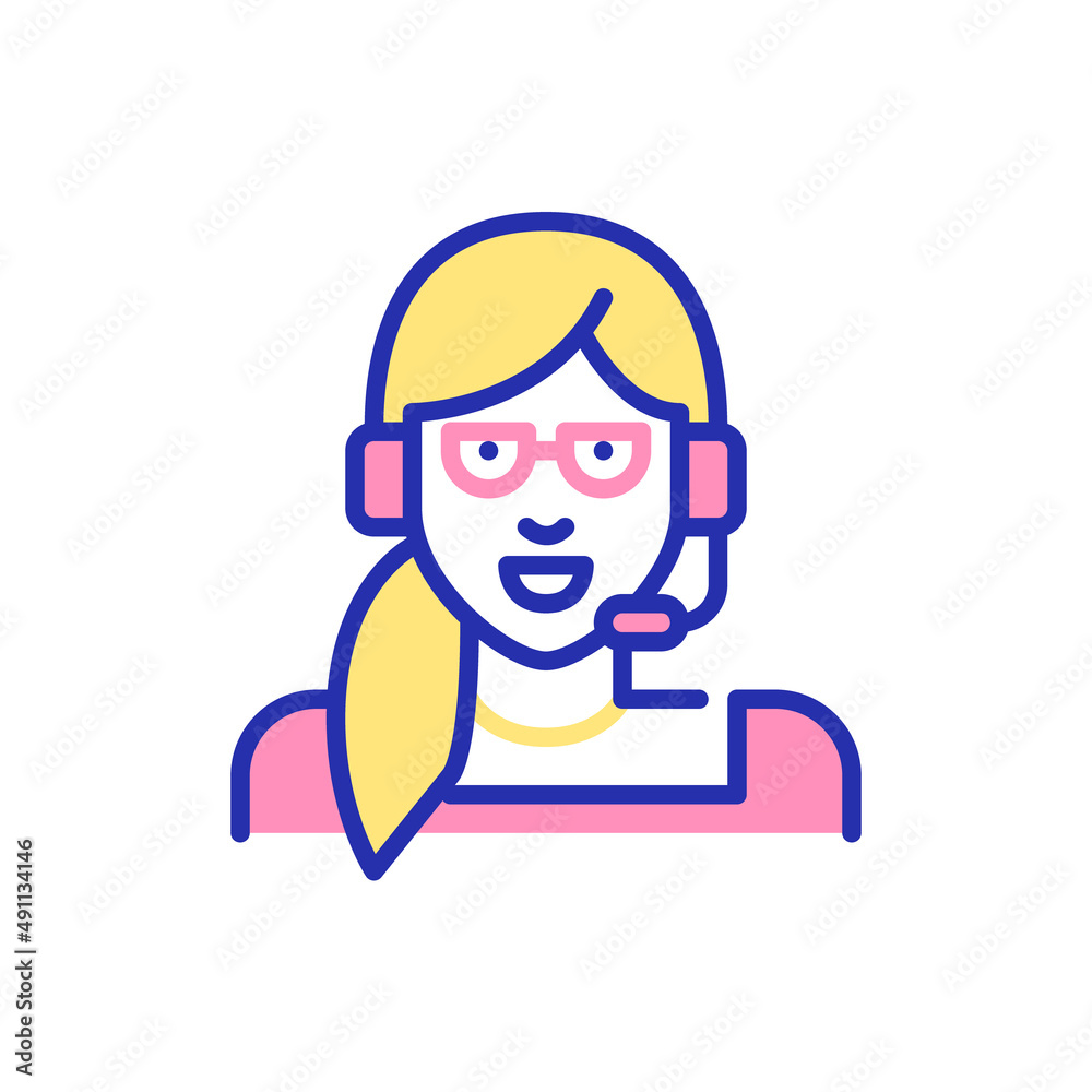 Young woman in headset working as a telemarketing manager. Pixel perfect, editable stroke, fun color icon Young woman in headset working as a telemarketing manager. Pixel perfect, editable stroke, fun color icon