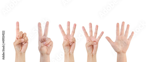 hand showing one , two,three,four,five, finger sign isolated on white background ,clipping path included use for graphic design