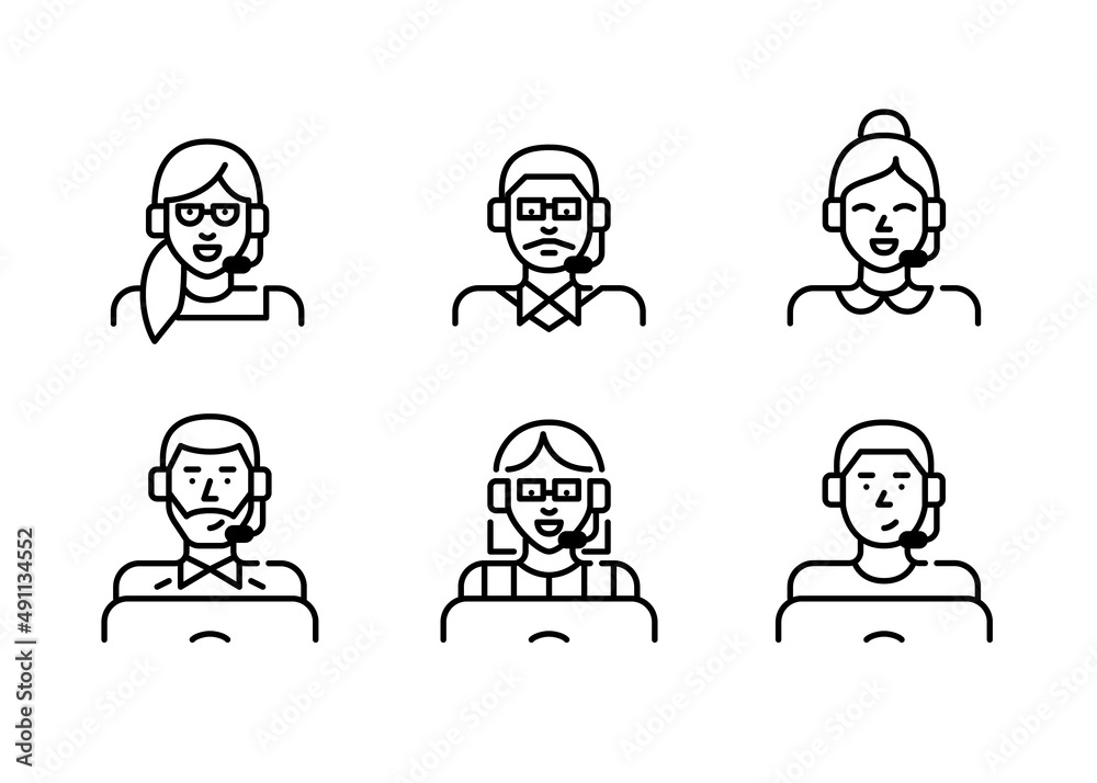 Call centre technical support agents diversity icons. People of various ages and genders wearing a headset. Pixel perfect, editable stroke icons Call centre technical support agents diversity icons. People of various ages and genders wearing a headset. Pixel perfect, editable stroke icons