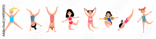 a set of happy children. Girls in bathing suits. Vector illustration in a flat style.