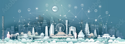 Technology 6G wireless network communication smart city with icon and architecture in China.