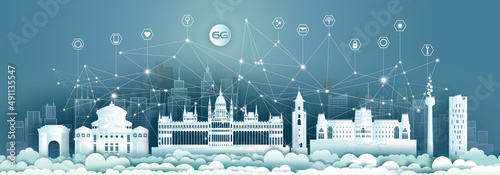 Technology 6G wireless network communication smart city with icon and architecture in Romania.