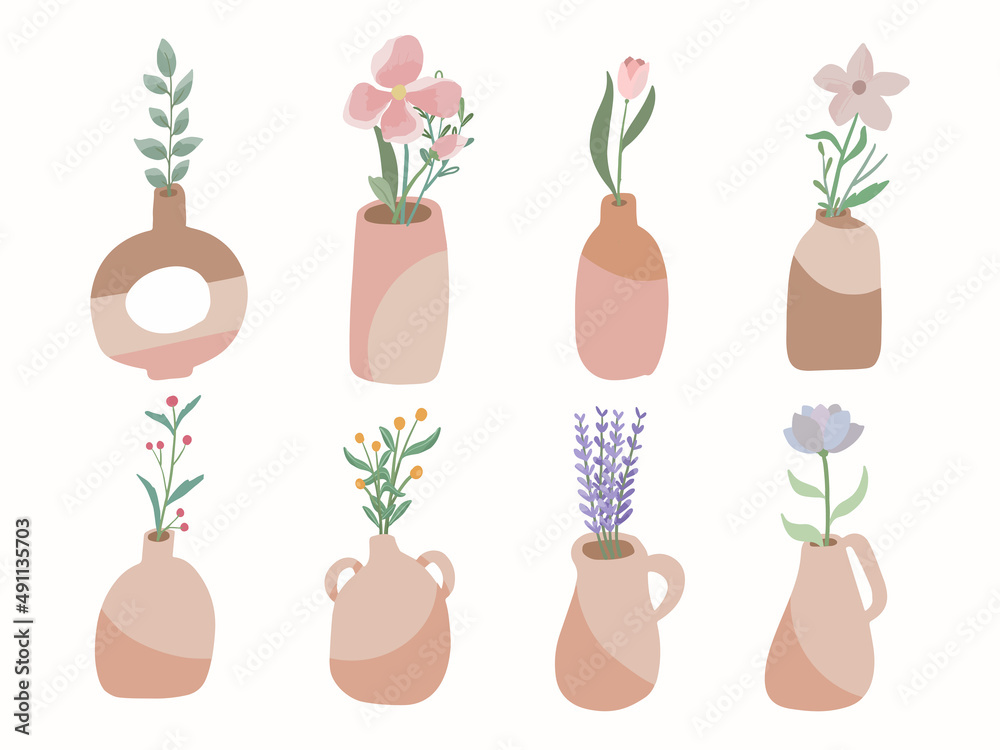 Aesthetic flowers in brown vases and bottle collection set drawing vector