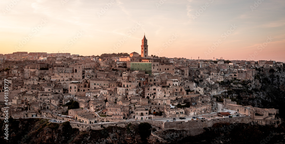 Panoramic view over the city of Matera Italy at sunset - travel photography