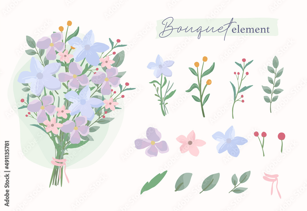 Set of blue flower arrangement bouquet and leaf isolated element clip art Set of blue flower arrangement bouquet and leaf isolated element clip art