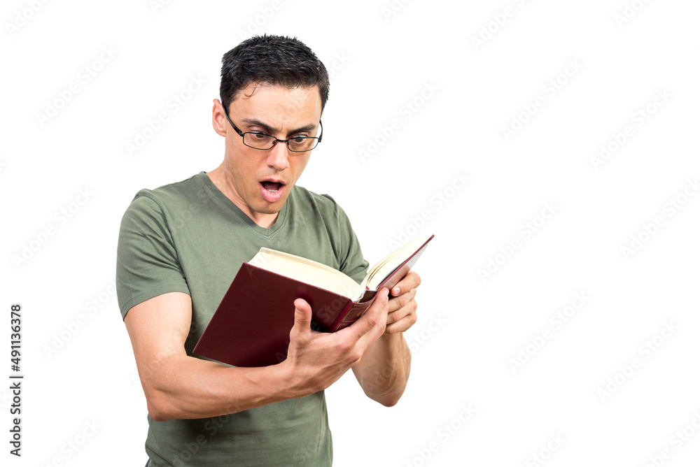 Shocked man in glasses reading interesting book Shocked man in glasses reading interesting book