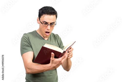 Quadro em tela Shocked man in glasses reading interesting book