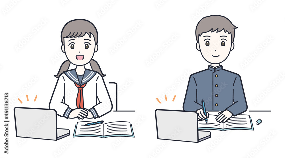 オンライン授業で勉強する制服の男女のイラスト素材