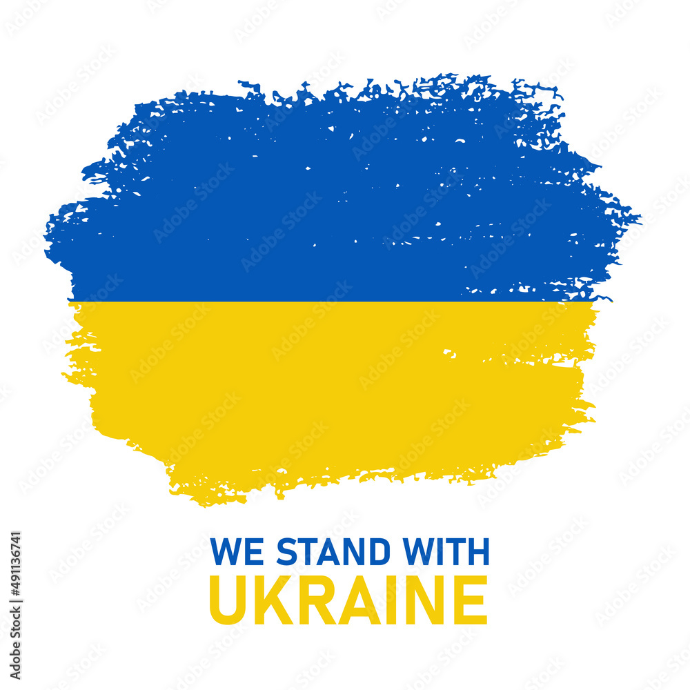 Obraz premium Ukraine flag design. We stand with Ukraine banner sign. Paint brush with colors of Ukraine flag. The message for war in Ukraine.