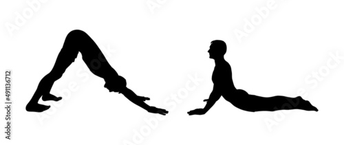 Yoga Downward Facing Dog Pose and Cobra poses. Man silhouettes practicing yoga. Vector illustration isolated on white background