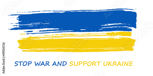 Ukraine flag design. Stop War and Support Ukraine banner sign. Paint brush with colors of Ukraine flag. The message for war in Ukraine.