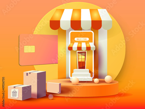 E-commerce mobile shopping illustration with smartphone store, credit card payment and delivery scooter. Perfect for online retail, mobile commerce apps, digital marketplace and delivery services