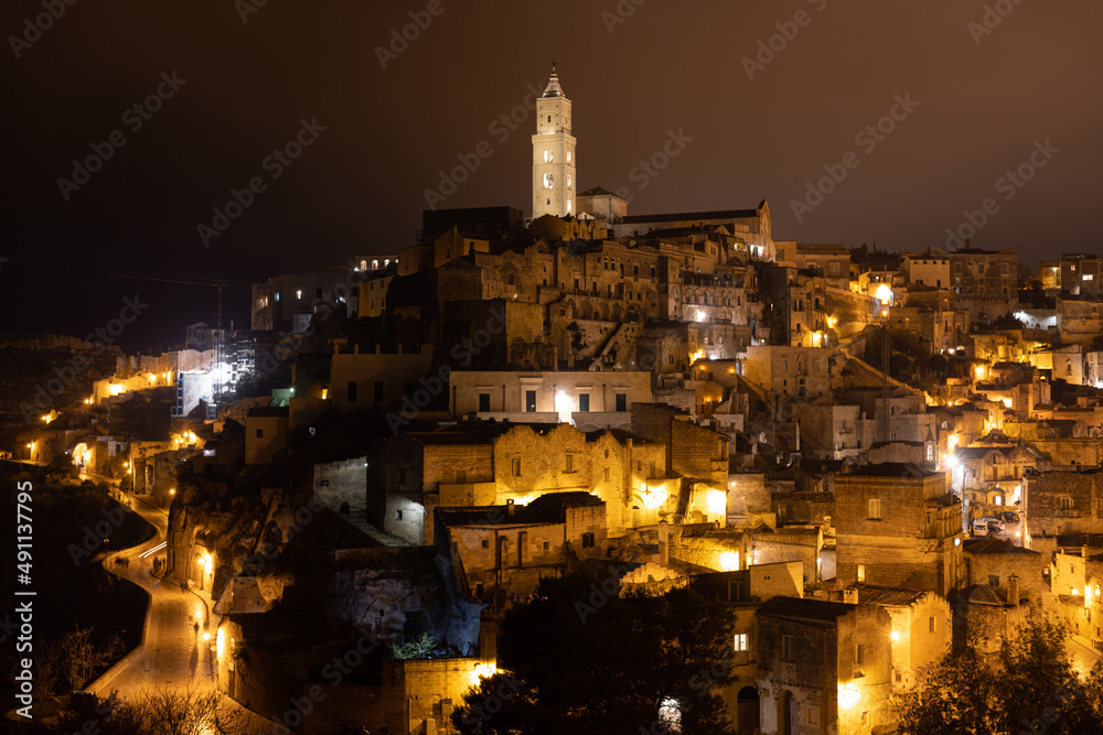 Beautiful city of Matera by night - a Unesco World Heritage site and cultural capital of Europe - travel photography