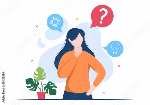 People Thinking to Make Decision, Problem Solving and Find Creative Ideas with Question Mark in Flat Cartoon Background for Poster Illustration