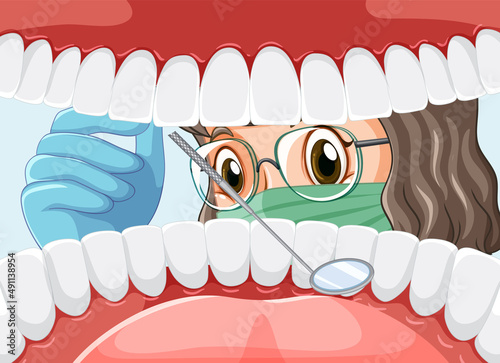 Dentist holding instruments examining patient teeth inside human mouth
