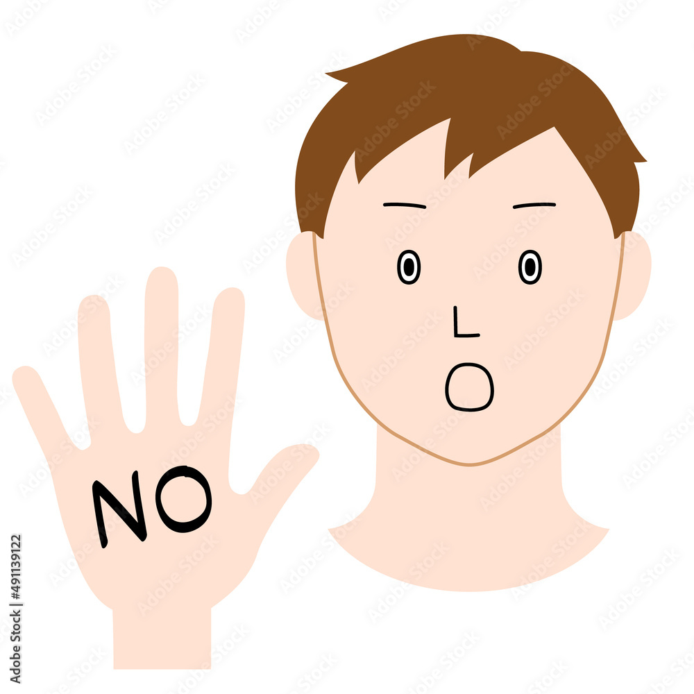 片手を前に突き出し「NO」の意思表示をする男性のイラスト（白背景・ベクター・切り抜き）
