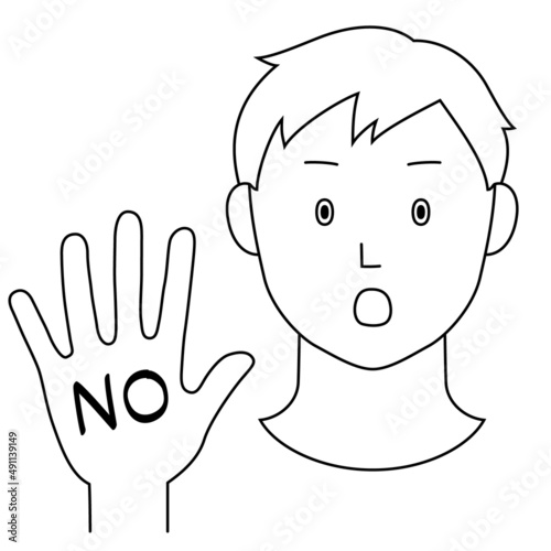 片手を前に突き出し「NO」の意思表示をする男性のイラスト（白背景・ベクター・線画・切り抜き）