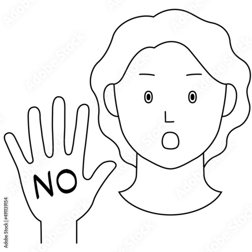 片手を前に突き出し「NO」の意思表示をする女性のイラスト（白背景・ベクター・線画・切り抜き）