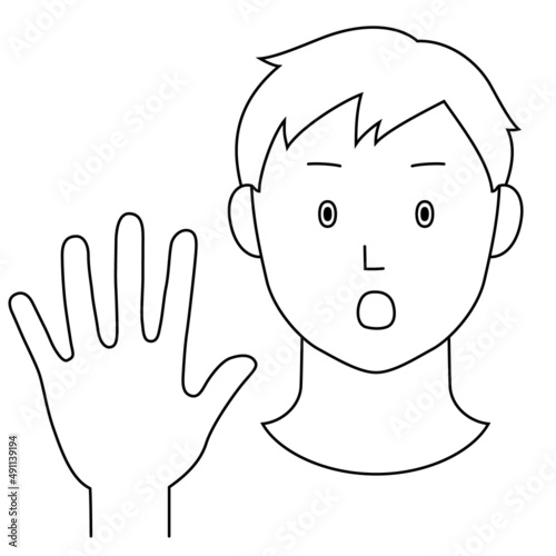 片手を前に突き出し「NO」の意思表示をする男性のイラスト（白背景・ベクター・線画・切り抜き）
