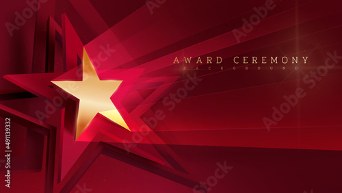 3d golden star with light ray effect element and glitter glow decoration. award ceremony background.