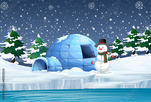 Snowy night with igloo and snowman
