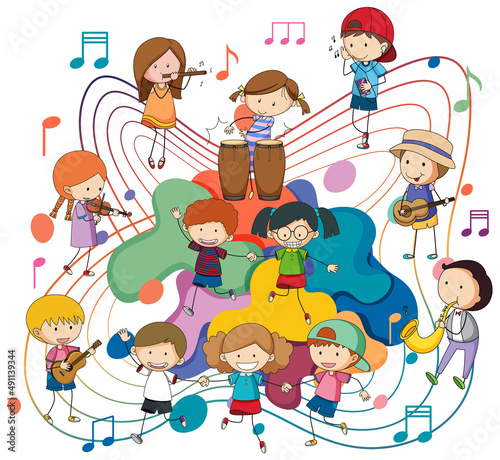 Happy children playing musical instruments with music notes on white background