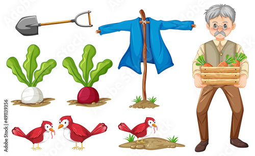 Set of farm objects and farmer cartoon character