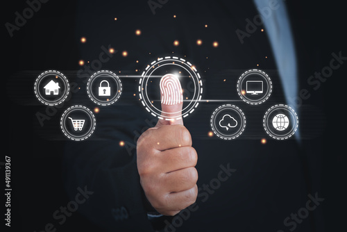 Cyber security network. Businessmen use fingerprints to access personal information. Data protection privacy and Cybersecurity network concept.