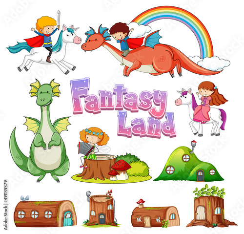Set of dragons and fairy tale cartoon characters