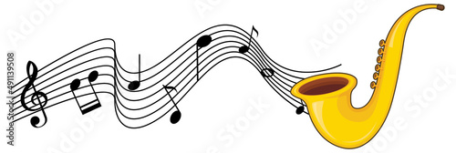 A saxophone with musical notes on white background