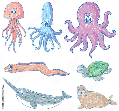 A paper with a doodle design of the different sea creatures with colour