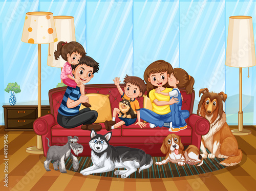 Happy family with their pet in the living room