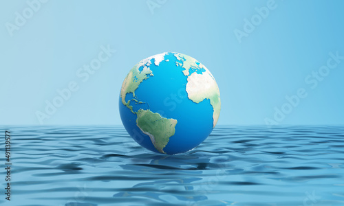 World water day, saving water quality campaign and environmental protection concept. Globe Blue green world map sphere floating over water on a blue isolated background. 3d rendering illustration