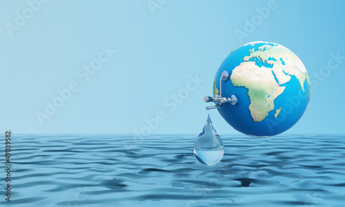 World water day saving water quality campaign and environmental protection concept. Globe sphere floating over water with faucet and water drop on a blue isolated background. 3d rendering illustration