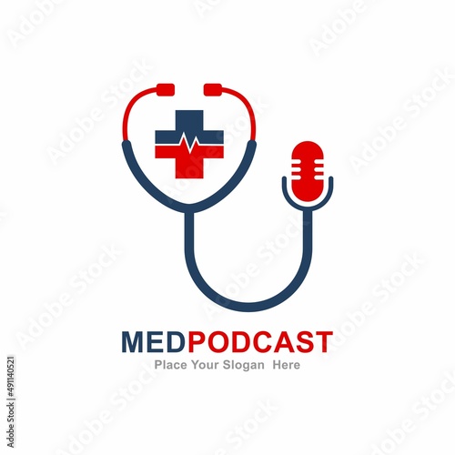 Medical podcast vector logo template. Suitable for stethoscope symbol and health care news.