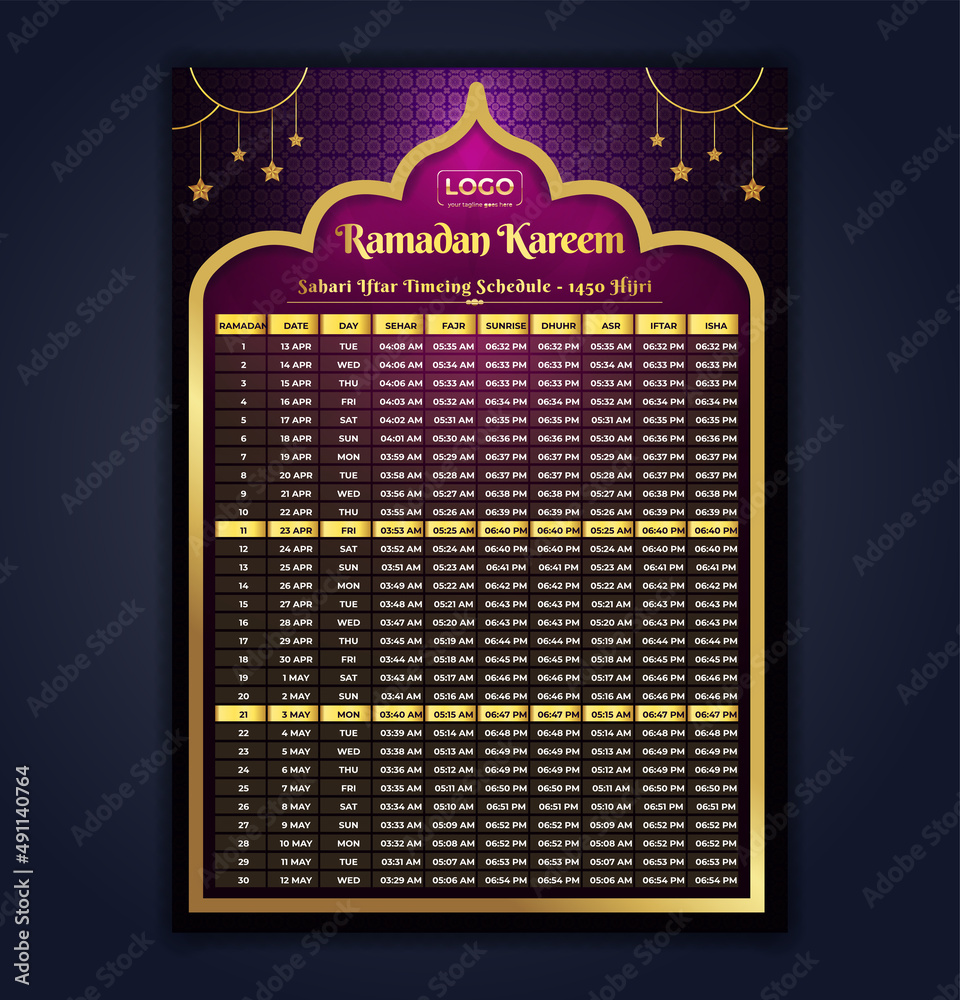Ramadan Kareem Fasting and Prayer time Guide. Ramadan Calendar Design Template.Ramadan Timing Calendar. Islamic Calendar and Sehri Iftar time Schedule. Ramadan Kareem Flyer Design. Stock ベクター | Adobe Stock
