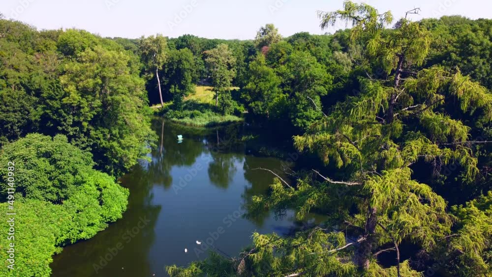 Park on sunny summer day. Tall trees with green leaves. Lake with white swans. White dilapidated arch with white columns made of red brick. Natural landscape background. Aerial drone view. Going down Park on sunny summer day. Tall trees with green leaves. Lake with white swans. White dilapidated arch with white columns made of red brick. Natural landscape background. Aerial drone view. Going down