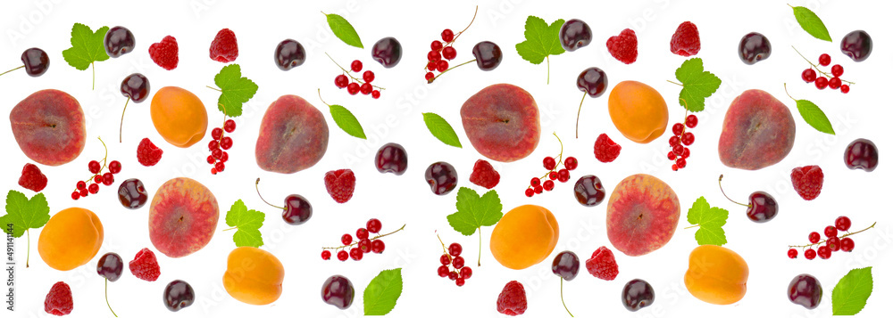 Fototapeta premium fruit banner.Peaches, cherries, apricots, red currants, raspberries and green leaves isolated on white background.Fruit and berry banner. Summer fruits and berries harvest. High quality photo