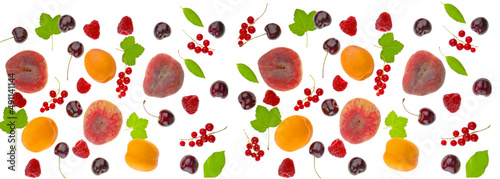 Fototapeta Naklejka Na Ścianę i Meble -  fruit banner.Peaches, cherries, apricots, red currants, raspberries and green leaves isolated on white background.Fruit and berry banner. Summer fruits and berries harvest. High quality photo