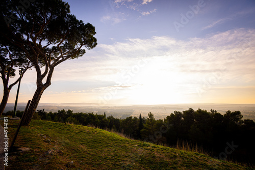 Wide angle view over the beautiful Italian landscape at sunset from Castel del monte - travel photography