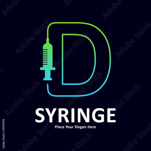 Abstract Letter D in shape of syringe design vector logo. Suitable for initial health and immunization symbol 