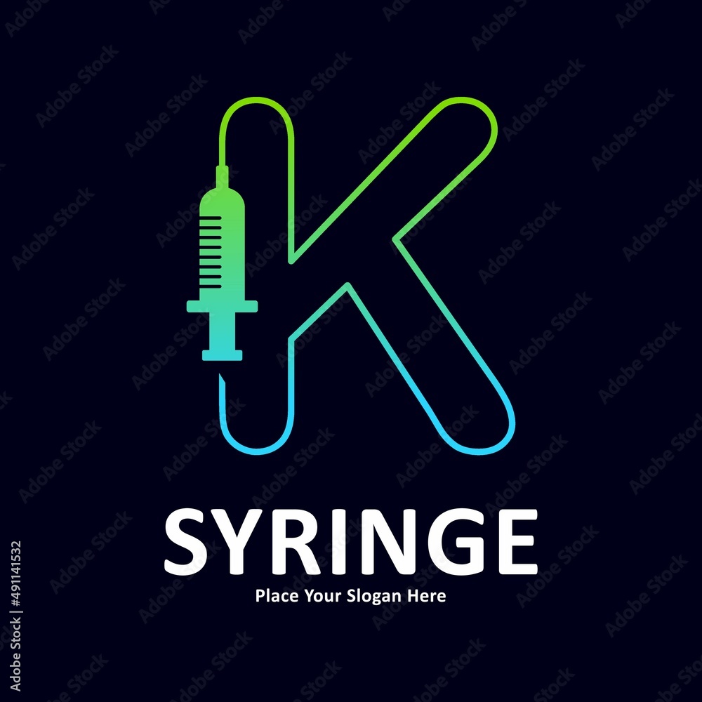 Abstract Letter K in shape of syringe design vector logo. Suitable for initial health and immunization symbol 