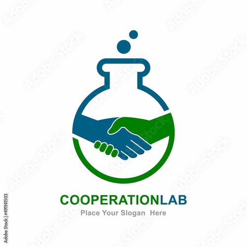 Lab deal cooperation vector logo design. Suitable for lab and handshake symbol 