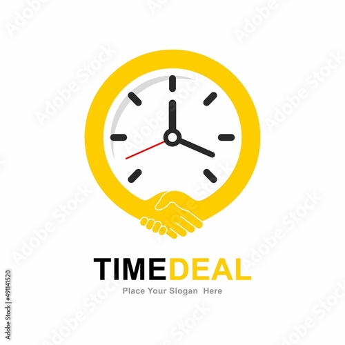 Deal or cooperation handshake  time vector logo template. Suitable for business, hand shake symbol and time symbol