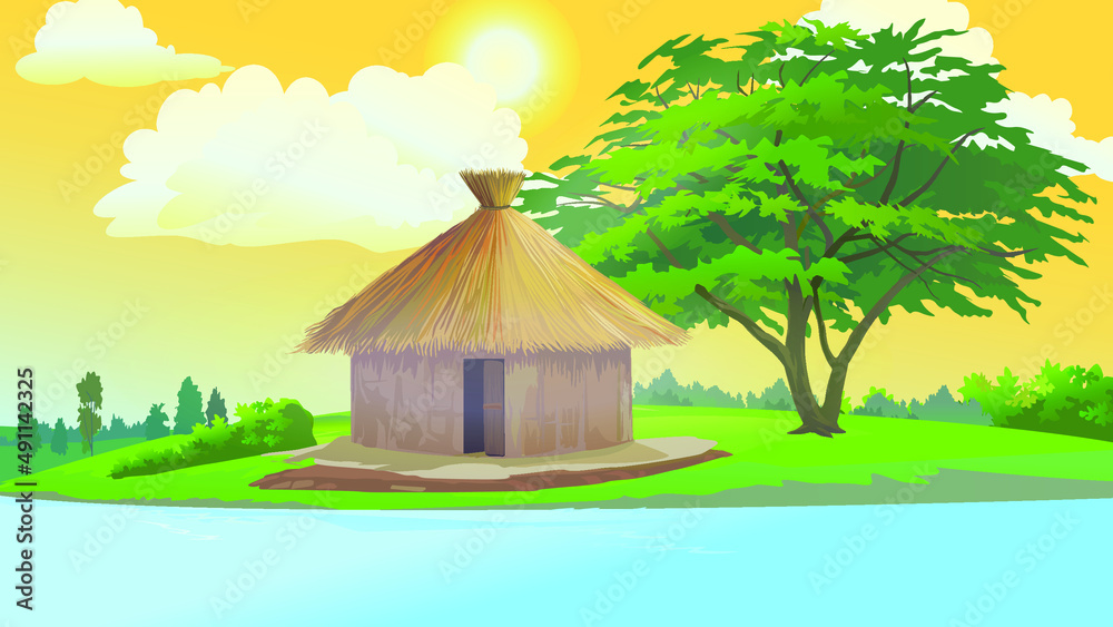 vektorov-grafika-indian-village-house-old-hut-at-the-bank-of-river