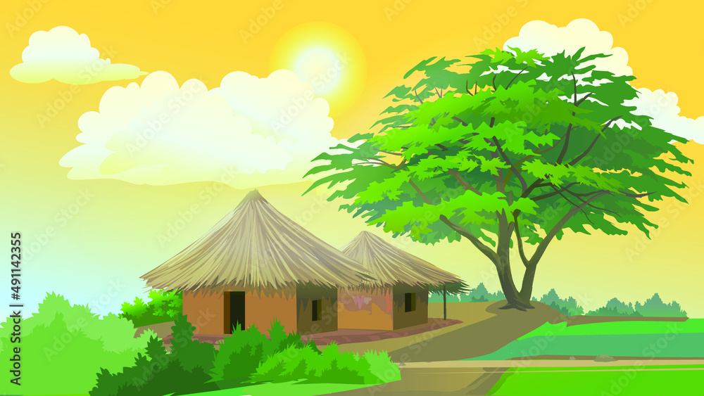 Indian village morning vibe green with tree Indian village morning vibe green with tree