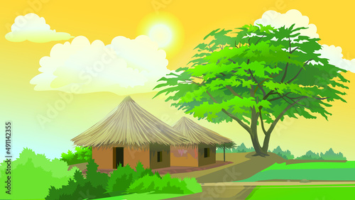 Indian village morning vibe green with tree 