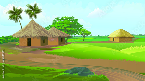Fotografia, Obraz Indian agricultural land village house with old Indian style hut made by organic