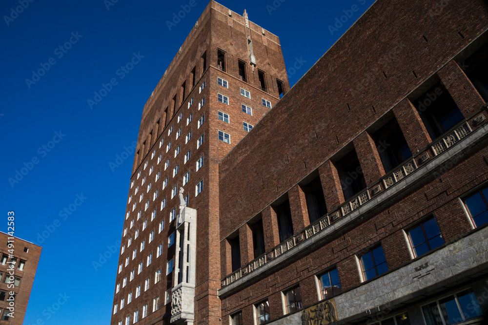 Oslo, Norway March 3, 2022 The facade of the City Hall.