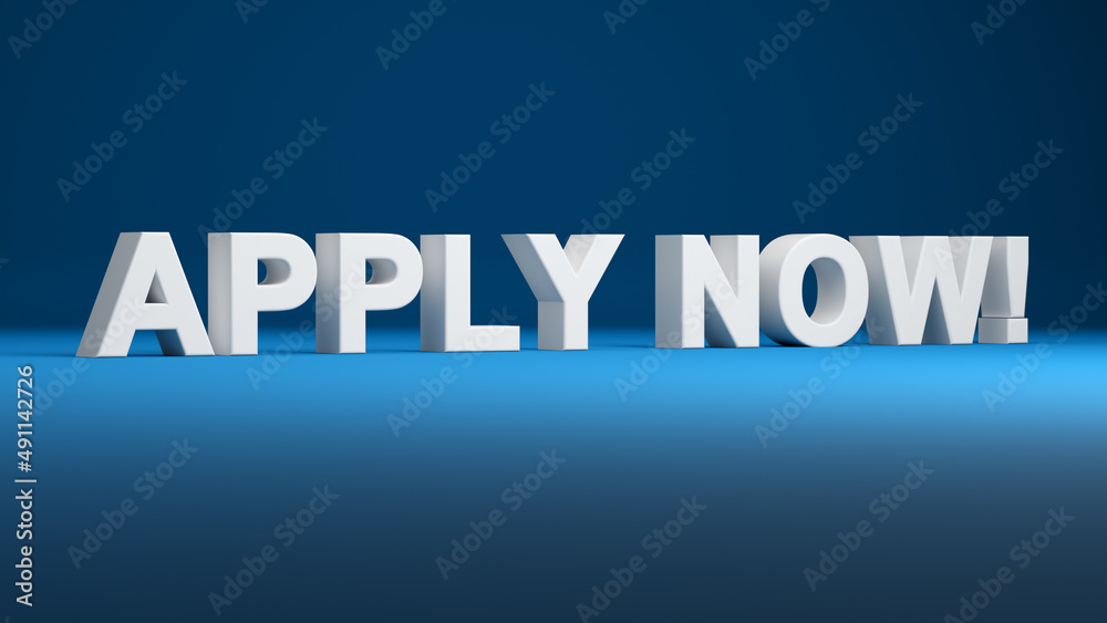 The word apply now on blue background. Job vacancy employment or subscription